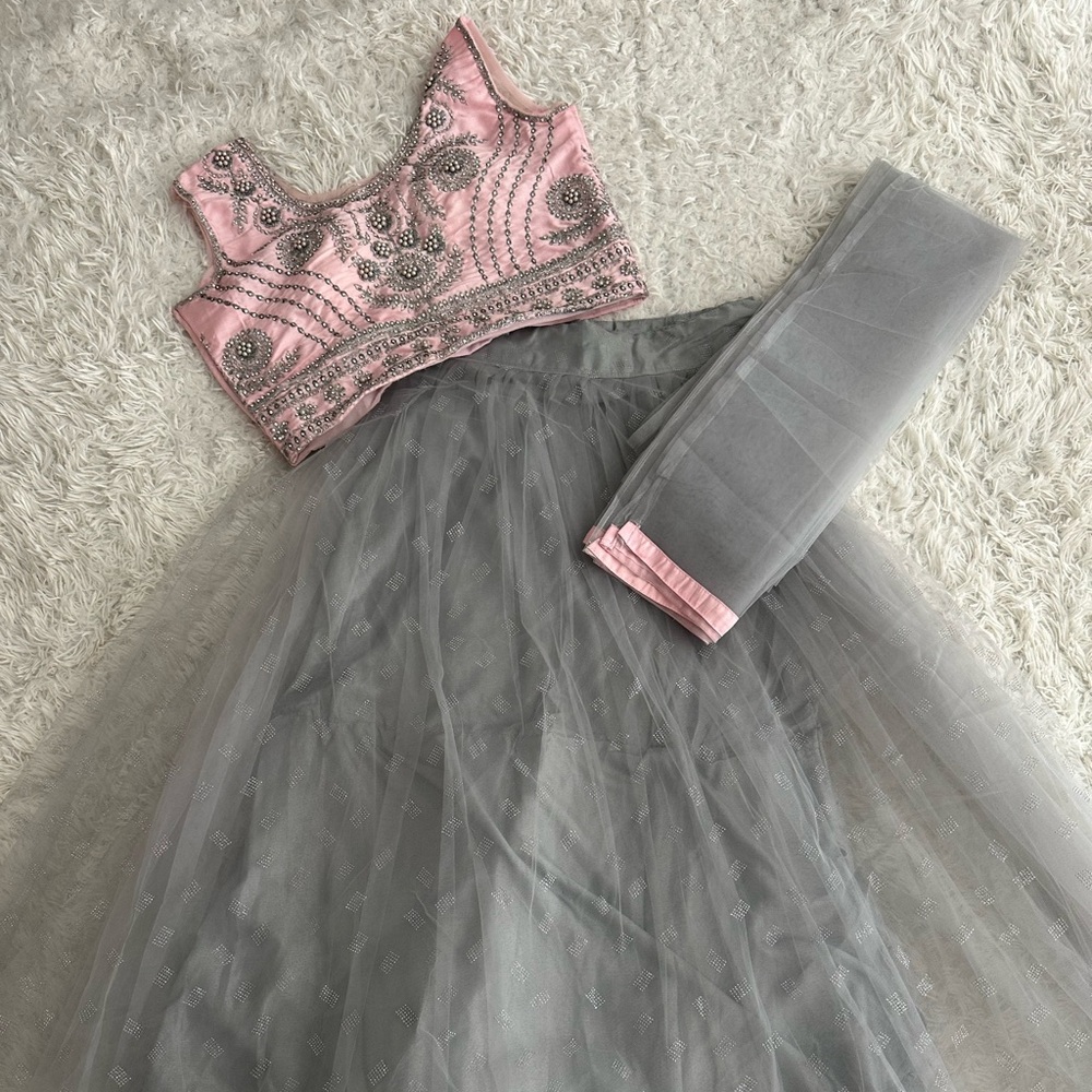 Pink and Gray Embellished Lehenga Set